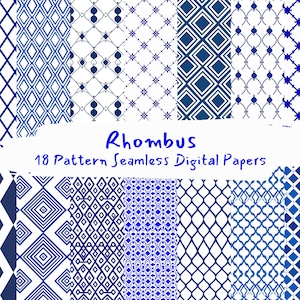 Könnte beinhalten: 18 digitale Papiermuster mit blauen und weißen Rautenformen. Die Muster sind nahtlos und können für Scrapbooking, Kartenherstellung und andere Bastelprojekte verwendet werden.