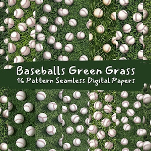 May include: A digital paper pack with 16 seamless patterns featuring baseballs on a green grass background.  Baseballs Green Grass 16 Pattern Seamless Digital Papers.