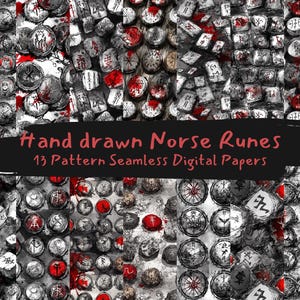 May include: A digital collage featuring various hand-drawn Norse runes and symbols in grayscale with red accents. The image includes the text "Hand drawn Norse Runes 13 Pattern Seamless Digital Papers" in a black banner.