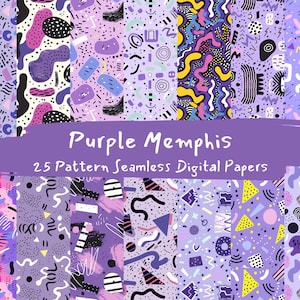 Op de afbeelding: Een set van 25 digitale papieren met geometrische patronen in paars, zwart, wit en geel in Memphis-stijl.  "Purple Memphis 25 Pattern Seamless Digital Papers" staat in wit op een paarse achtergrond.