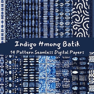 Può includere: Un set di 14 carte digitali con motivi batik blu indaco e bianchi. I motivi includono forme geometriche, vortici e motivi floreali. Le carte sono senza cuciture e possono essere utilizzate per una varietà di progetti di artigianato.