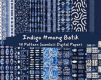 May include: A set of 14 digital papers featuring indigo blue and white batik patterns. The patterns include geometric shapes, swirls, and floral motifs. The papers are seamless and can be used for a variety of crafting projects.