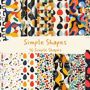 Pode incluir: Uma colagem digital de 16 padrões diferentes sem costura, com formas geométricas simples em várias cores, incluindo vermelho, amarelo, azul, verde, preto e branco. Os padrões estão dispostos em uma grade e são rotulados como "Simple Shapes" e "16 Simple Shapes".