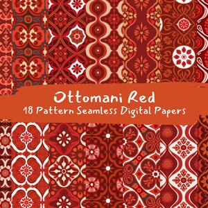 Puede incluir: 18 papeles digitales con patrones geométricos rojos, blancos y naranjas. Los patrones están inspirados en diseños otomanos. El texto "Ottomani Red" y "18 Pattern Seamless Digital Papers" está en la imagen.
