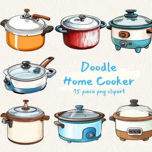 Może przedstawiać: Zestaw 6 ilustrowanych kreskówek domowych kuchenek w różnych kolorach i stylach. Kuchnie obejmują garnek ciśnieniowy, wolnowar, ryżowar i patelnię. Obrazek jest oznaczony jako "Doodle Home Cooker 15 piece png clipart".