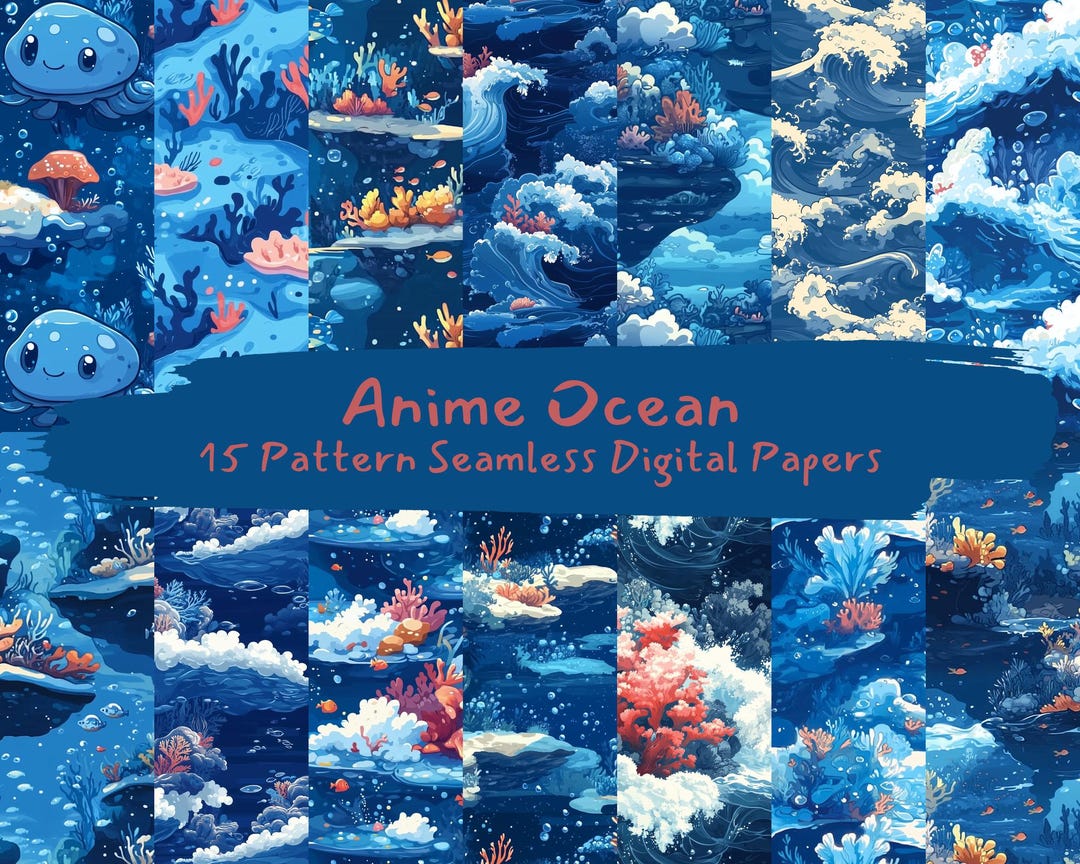 Anime Ocean Pattern Seamless Digital Papers - Printable Scrapbook Paper ...