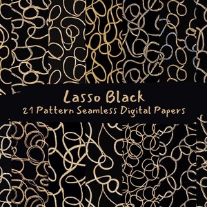 Könnte beinhalten: 21 digitale Papiermuster mit einem nahtlosen Design aus goldenen Lasso-Formen auf schwarzem Hintergrund. Der Text "Lasso Black" und "21 Pattern Seamless Digital Papers" wird auf einem schwarzen Banner angezeigt.