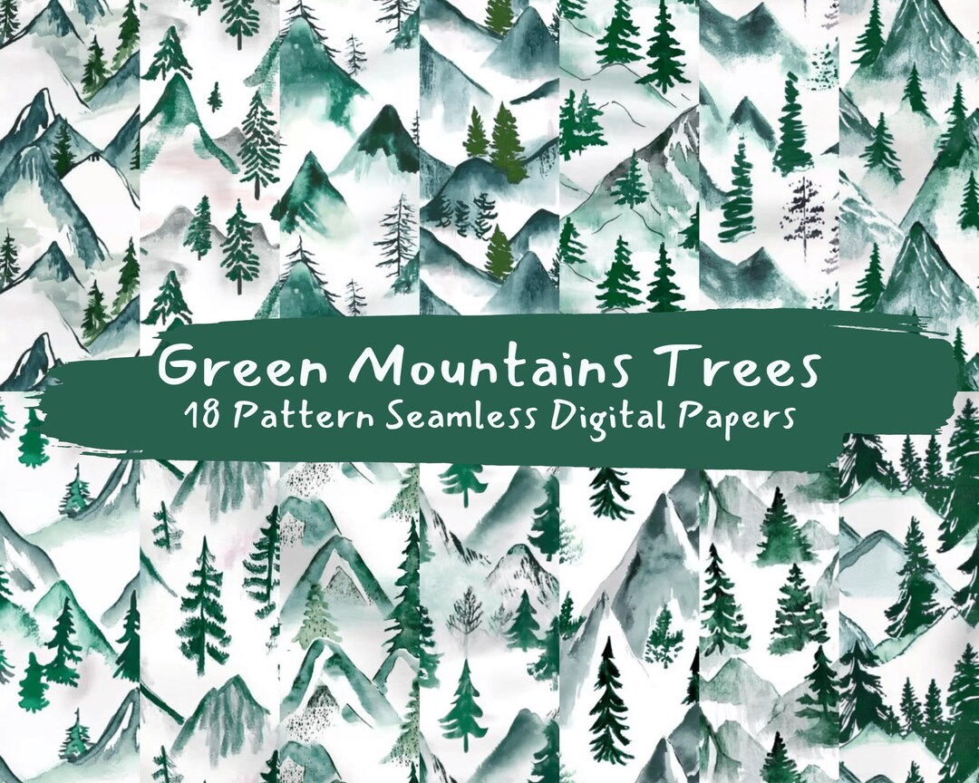 Mountains Trees Pattern Green Mountains Trees Pattern Seamless Digital Papers - Printable ...