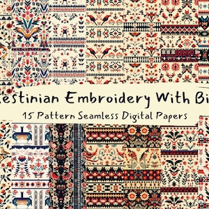 Palestinian Embroidery With Birds Pattern Seamless Digital Papers - printable scrapbook paper instant download, commercial use, 300dpi