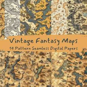 Papeles digitales sin costuras con patrones de mapas de fantasía vintage: papel de álbum de recortes imprimible, descarga instantánea, uso comercial, 300 ppp
