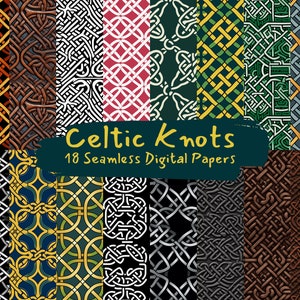 Może przedstawiać: Zestaw 18 cyfrowych papierów z misternymi wzorami celtyckich węzłów w różnych kolorach i wzorach. Papiery są bezszwowe i można je wykorzystać do różnych projektów kreatywnych.