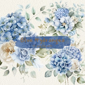 Puede incluir: Una pintura de acuarela de hortensias azules, rosas y vegetación. Las flores están dispuestas en un ramo y el fondo es beige claro.
