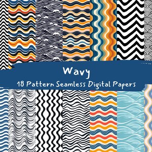 May include: A set of 18 digital papers featuring wavy patterns in various colors, including blue, black, white, orange, and yellow. The papers are seamless and can be used for a variety of creative projects.