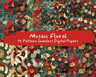 Mosaic Floral Pattern Seamless Digital Papers - printable scrapbook paper instant download, commercial use, 300dpi