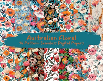 May include: A set of 16 digital papers featuring seamless patterns of Australian flora. The patterns include bright colors like red, orange, yellow, pink, and blue, and feature flowers, leaves, and branches.