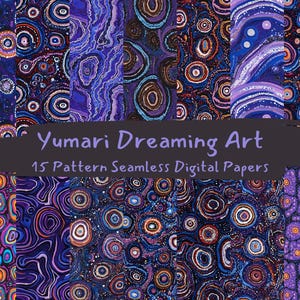 May include: 15 digital papers featuring abstract patterns in shades of purple, blue, and orange. The patterns are inspired by Aboriginal art and feature circles, dots, and lines.