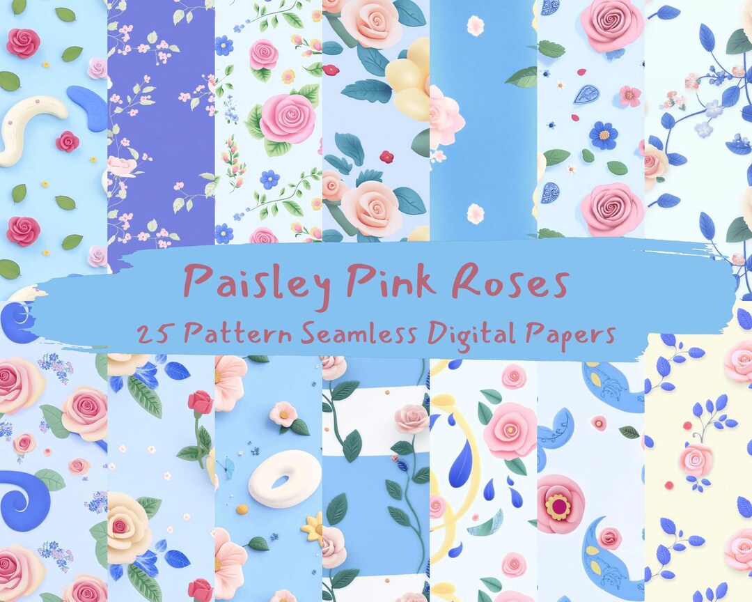 Pink Patterned Paper Roses Paisley Pink Roses Pattern Seamless Digital Papers - Printable ...