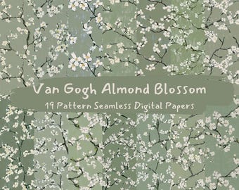 Van Gogh Almond Blossom Pattern Seamless Digital Papers - printable scrapbook paper png instant download commercial use 300dpi