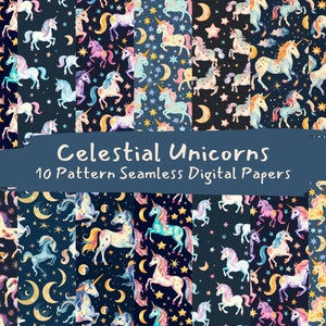 Celestial Unicorns Pattern Seamless Digital Papers - printable scrapbook paper instant download, commercial use, 300dpi