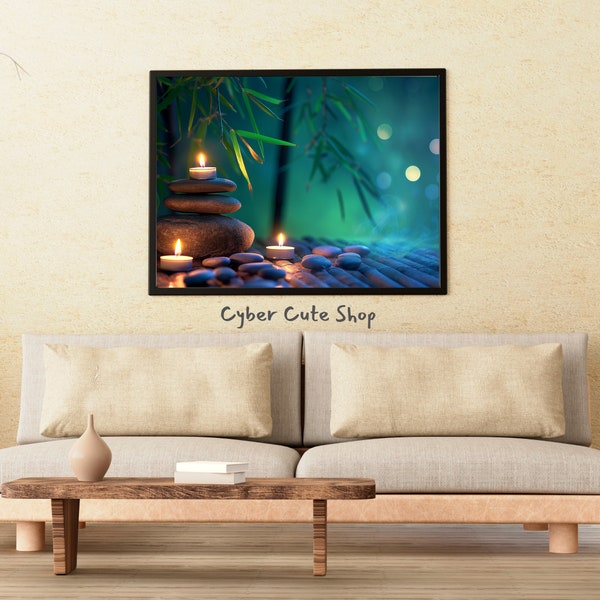 Tranquil Zen Garden with Candles and Bamboo - DIGITAL Art, PRINTABLE Digital Download, instant download for personal use