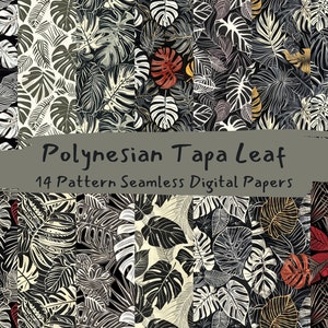 May include: A digital paper pack with 14 seamless patterns featuring Polynesian tapa leaf designs in black, white, and red. The patterns are perfect for crafting, scrapbooking, and digital design projects.