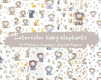 watercolor baby elephants Pattern Seamless Digital Papers - printable scrapbook paper png instant download commercial use 300dpi