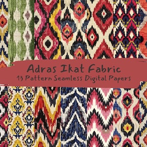 May include: A collection of 13 digital papers featuring seamless patterns in a variety of colours, including red, blue, yellow, and green. The patterns are inspired by ikat fabric, a traditional textile from Indonesia. The text "Adras Ikat Fabric 13 Pattern Seamless Digital Papers" is displayed on a red background.