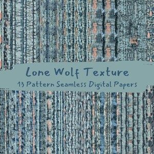 May include: A digital paper pack with 13 seamless patterns. The patterns are abstract and feature a blue, gray, and pink color scheme. The text "Lone Wolf Texture" is displayed on the image.