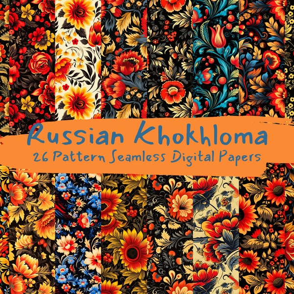 Russian Khokhloma Pattern Seamless Digital Papers - tile patterns printable scrapbook paper instant download for commercial use, 300dpi