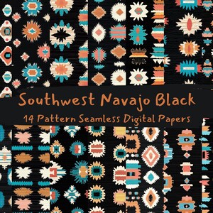May include: A set of 14 digital papers featuring Southwestern Navajo-inspired patterns in black, orange, turquoise, and white. The patterns are geometric and abstract, and they are perfect for creating unique and stylish projects.
