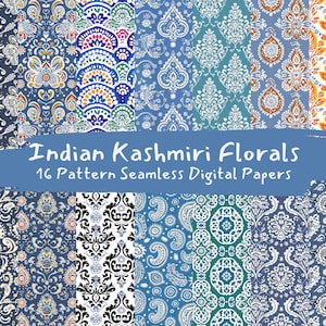 May include: A set of 16 digital papers featuring Indian Kashmiri floral patterns. The patterns are in various shades of blue, white, and green, with some featuring hints of orange and red. The patterns are seamless and can be used for a variety of projects, such as scrapbooking, card making, and digital design.