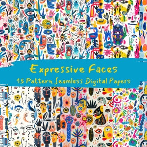 May include: A set of 15 digital paper patterns featuring colorful, expressive faces and abstract shapes. The patterns are seamless and perfect for creating unique designs.