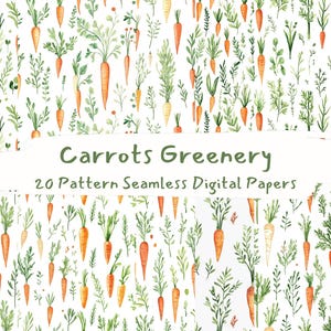 Carrots Greenery Pattern Seamless Digital Papers - printable scrapbook paper png instant download commercial use 300dpi