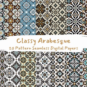 May include: A set of 20 digital papers featuring seamless patterns in a classy arabesque style. The patterns are in shades of brown, blue, white, and black, and feature intricate geometric designs.