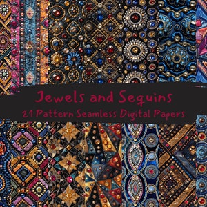 May include: A collection of digital papers with intricate patterns featuring jewels and sequins. The designs showcase a variety of colors, including gold, blue, red, and black, with geometric and floral motifs. The text "Jewels and Sequins" is displayed.