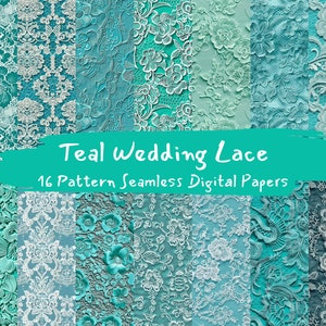 Könnte beinhalten: Ein Set mit 16 digitalen Papieren in Teal und Weiß mit verschiedenen Spitzenmustern.  Teal Wedding Lace 16 Muster Nahtlose digitale Papiere.
