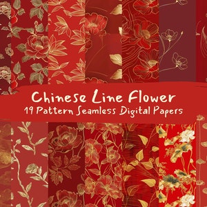 Chinese Line Flower Pattern Seamless Digital Papers - printable scrapbook paper instant download for commercial use, 300dpi