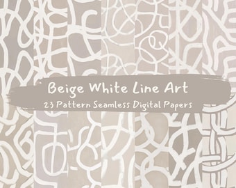 Beige White Line Art Pattern Seamless Digital Papers - printable scrapbook paper png instant download commercial use 300dpi