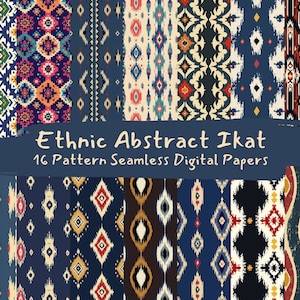 May include: A set of 16 digital papers featuring abstract ikat patterns in various colours, including blue, red, yellow, and white. The patterns are seamless and can be used for a variety of projects, such as scrapbooking, card making, and fabric design. "Ethnic Abstract Ikat 16 Pattern Seamless Digital Papers" is written in white text on a blue background.