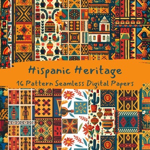 Puede incluir: Una colección de 16 papeles digitales con patrones vibrantes y coloridos inspirados en la herencia hispana. Los patrones incluyen formas geométricas, flores estilizadas y motivos tradicionales.