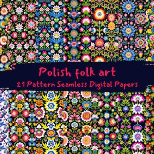 May include: A set of 21 digital paper patterns featuring colourful Polish folk art designs. The patterns are seamless and can be used for a variety of crafting projects.