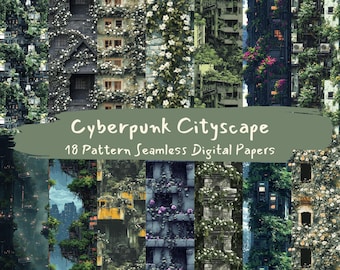 Cyberpunk Cityscape Pattern Seamless Digital Papers - printable scrapbook paper png instant download commercial use 300dpi