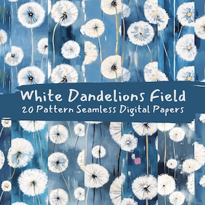 White Dandelions Field Pattern Seamless Digital Papers - printable scrapbook paper png instant download commercial use 300dpi