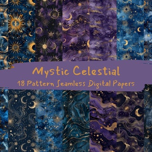 May include: A set of 18 digital papers featuring a celestial theme with gold stars, moons, and swirls on a dark blue and purple background. Mystic Celestial.