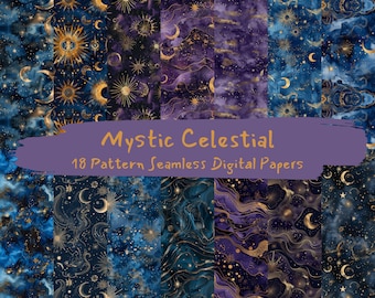 Mystic Celestial Pattern Seamless Digital Papers - printable scrapbook paper instant download, commercial use, 300dpi