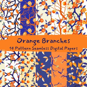 Orange Branches Pattern Seamless Digital Papers - printable scrapbook paper instant download, commercial use, 300dpi