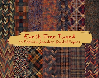 May include: A collection of 15 digital paper patterns featuring various earth tone tweed designs. The patterns include herringbone, plaid, and geometric designs.