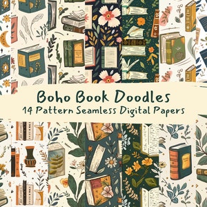 Boho Book Doodles Pattern Seamless Digital Papers - Printable Scrapbook ...