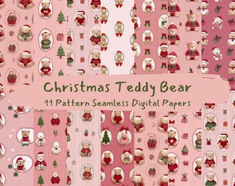 Christmas Teddy Bear Pattern Seamless Digital Papers - printable scrapbook paper png instant download commercial use 300dpi