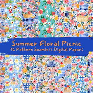 Summer Floral Picnic Pattern Seamless Digital Papers - printable scrapbook paper png instant download commercial use 300dpi
